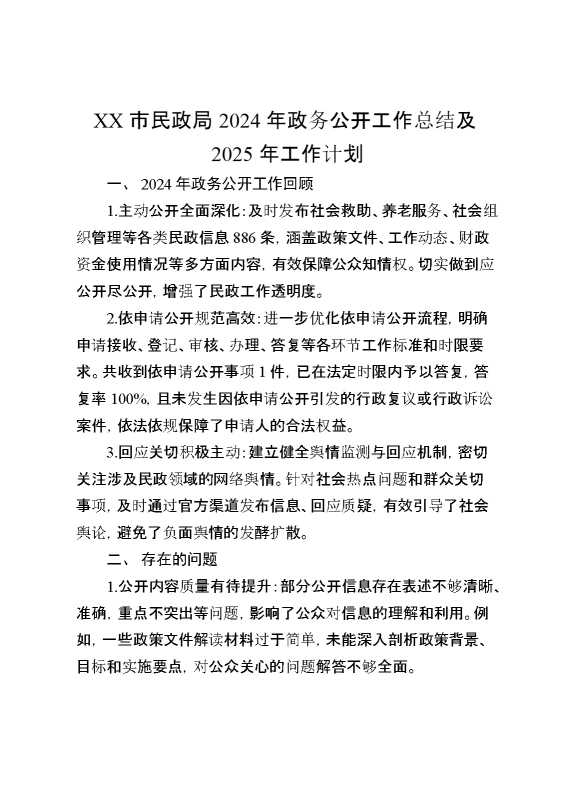 某市民政局2024年政务公开工作总结及2025年工作计划